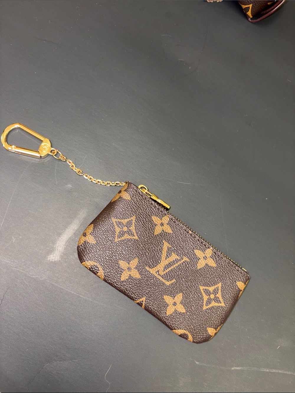 Designer Brown Monogram Zip Key/Coin Pouch with Gold Chain